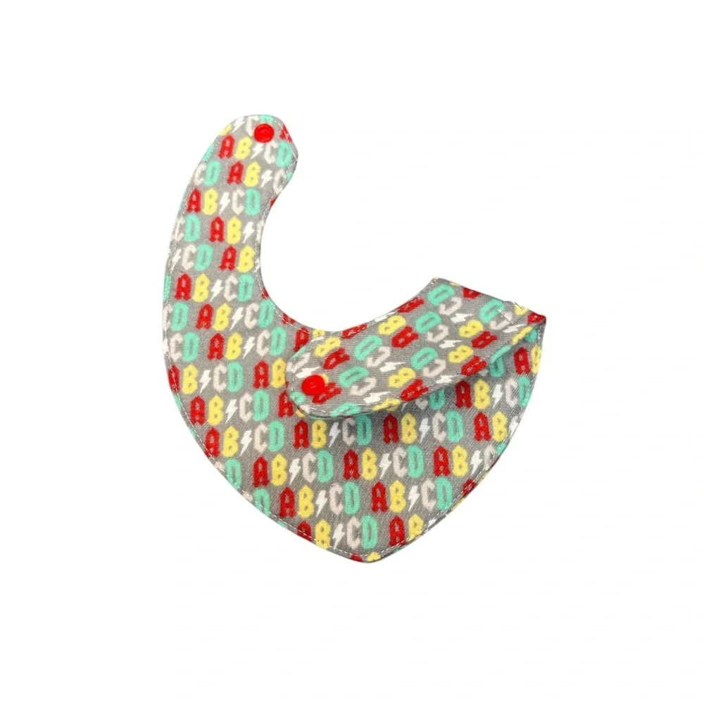 Hand Crafted Newborn Bandana Bib with snap closure ABCD red yellow blue letters